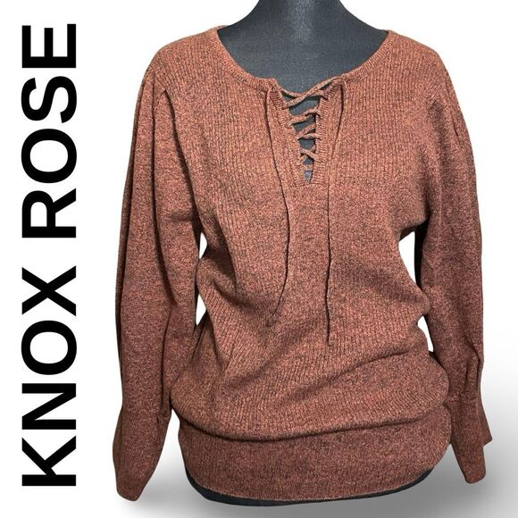 KNOX ROSE Pullover Ribbed Knit Sweater, Heather Brown, 3/4 Bishop Sleeves, L - Picture 1 of 10